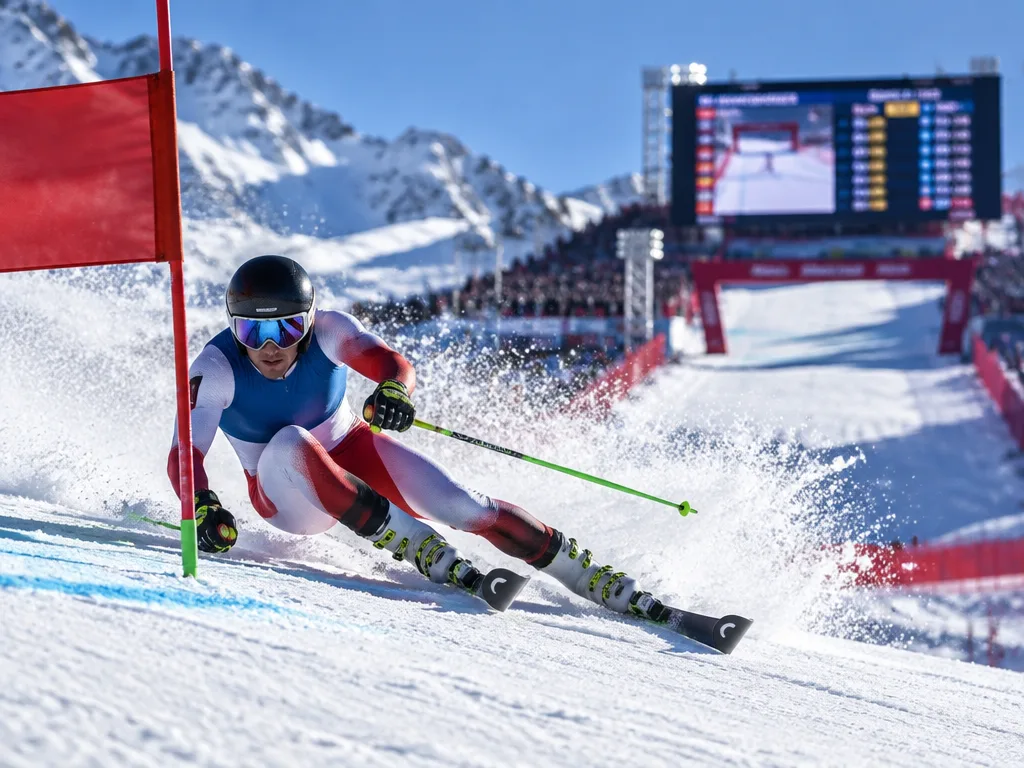 Storslalomåkare i full fart genom en port i en solig alpbacke, med en resultattavla i målområdet i bakgrunden