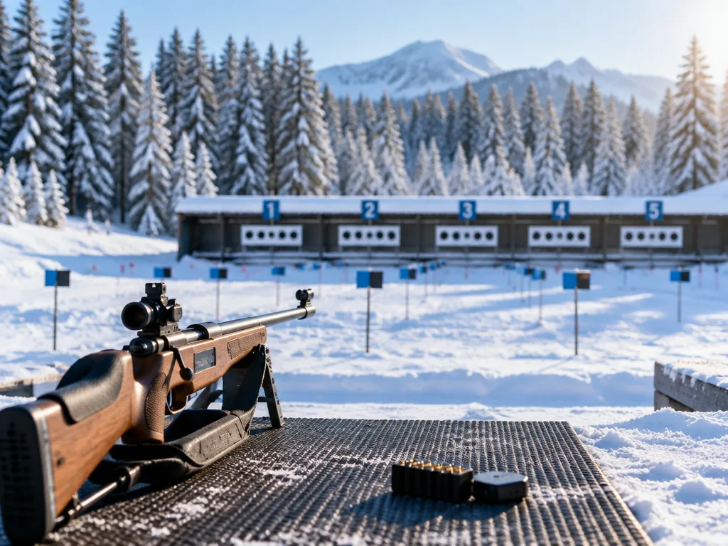 Skidskyttegevär på skjutvallen framför fem måltavlor på en snötäckt skidskyttearena i morgonljus