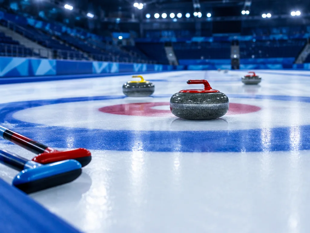 Curlingstenar i boet på en blank curlingbana med två borstar vid sidan i en upplyst arena