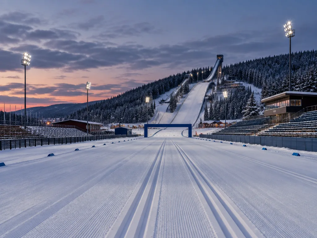 Snöig skidstadion med preparerade längdspår, läktare och hoppbacke i bakgrunden i kvällsljus