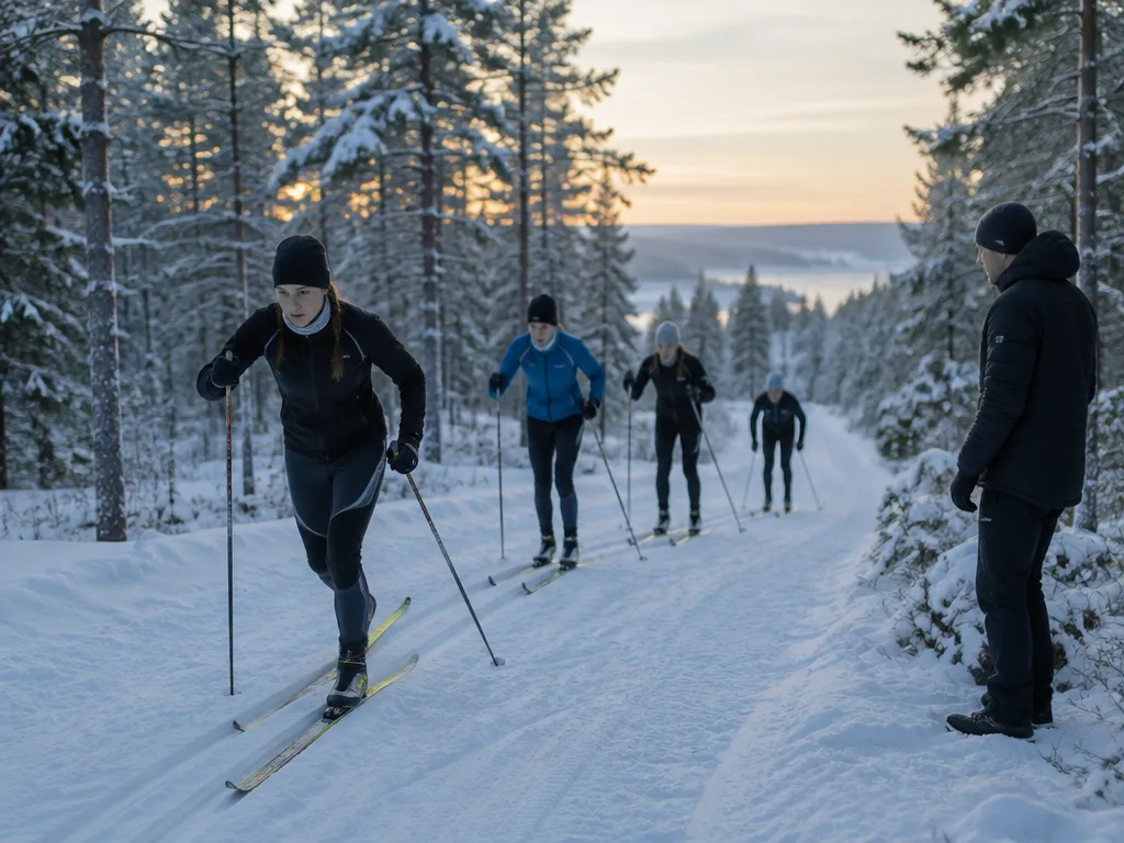 Unga längdskidåkare på ett snötäckt skidspår i gryningen med tränare vid sidan