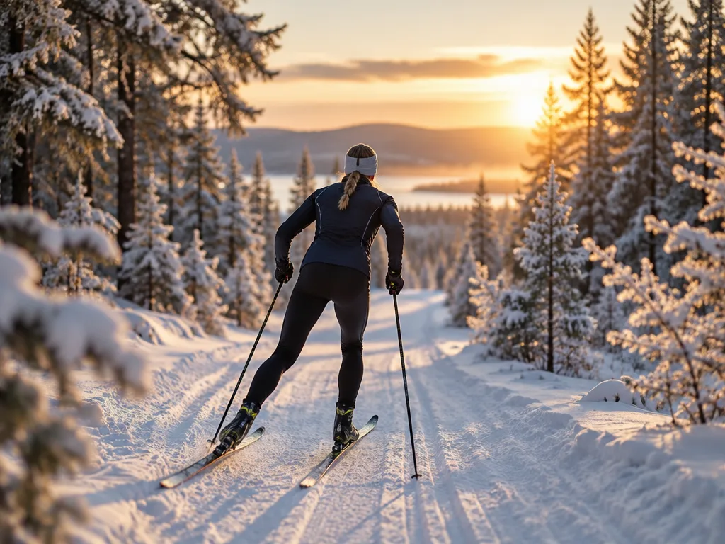 Längdskidåkare i skejtteknik på ett snötäckt skogsspår i Dalarna i gryningsljus