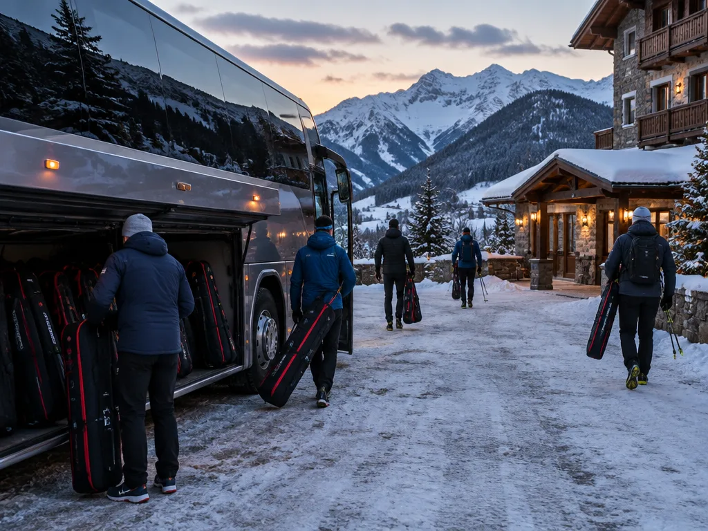 Lagbuss vid ett snöigt hotell i Alperna