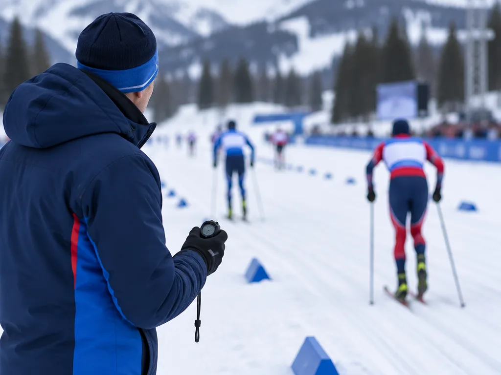 Tränare med tidtagarur vid en sprintbana i världscupen