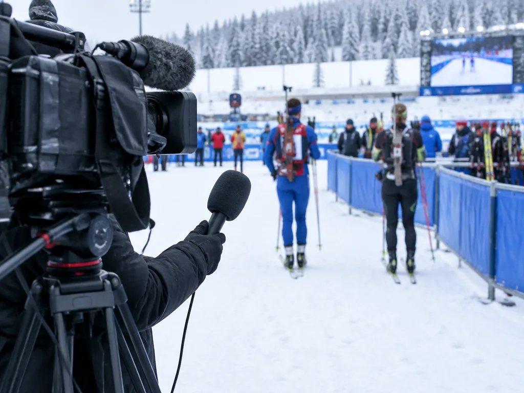 Mikrofon och kamera i mixade zonen på en skidskyttearena