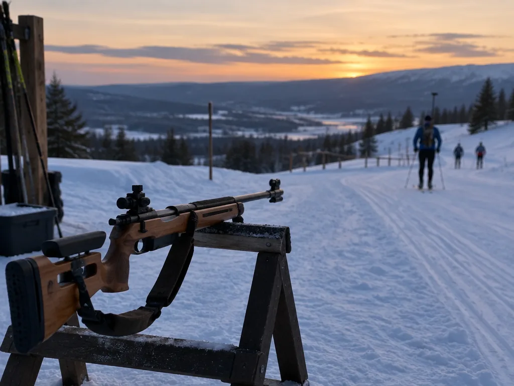 Skidskyttegevär vid ett snöigt spår i skymningen