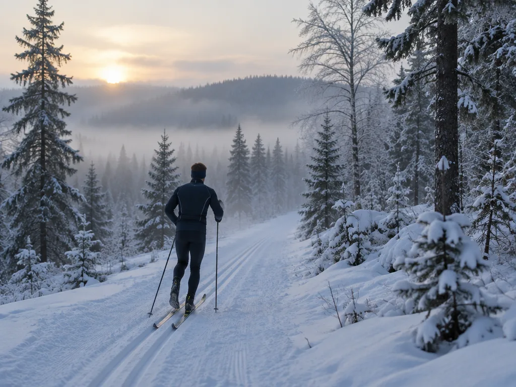 Ung längdskidåkare som tränar i skogen